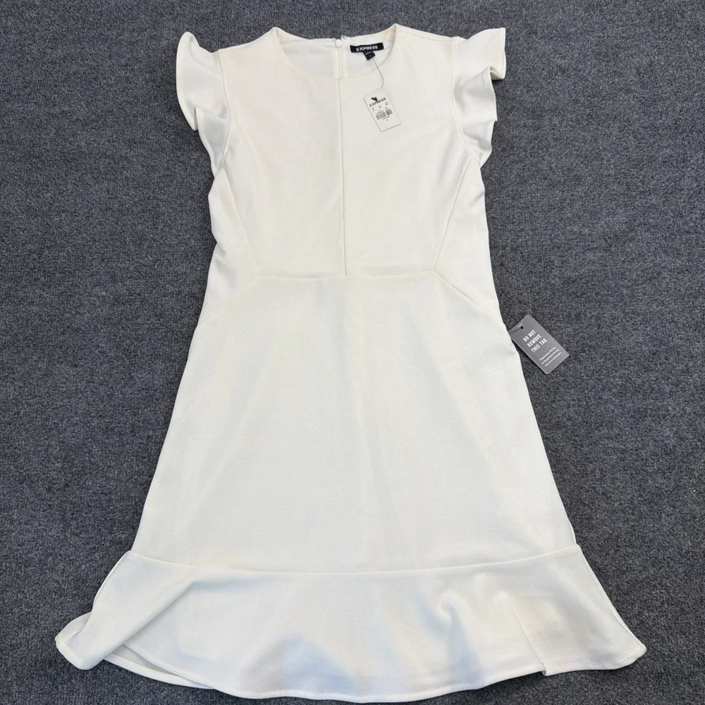 Express White Solid‎ V-Neck 3/4 Tie Sleeve Short Shift Dress Size 4